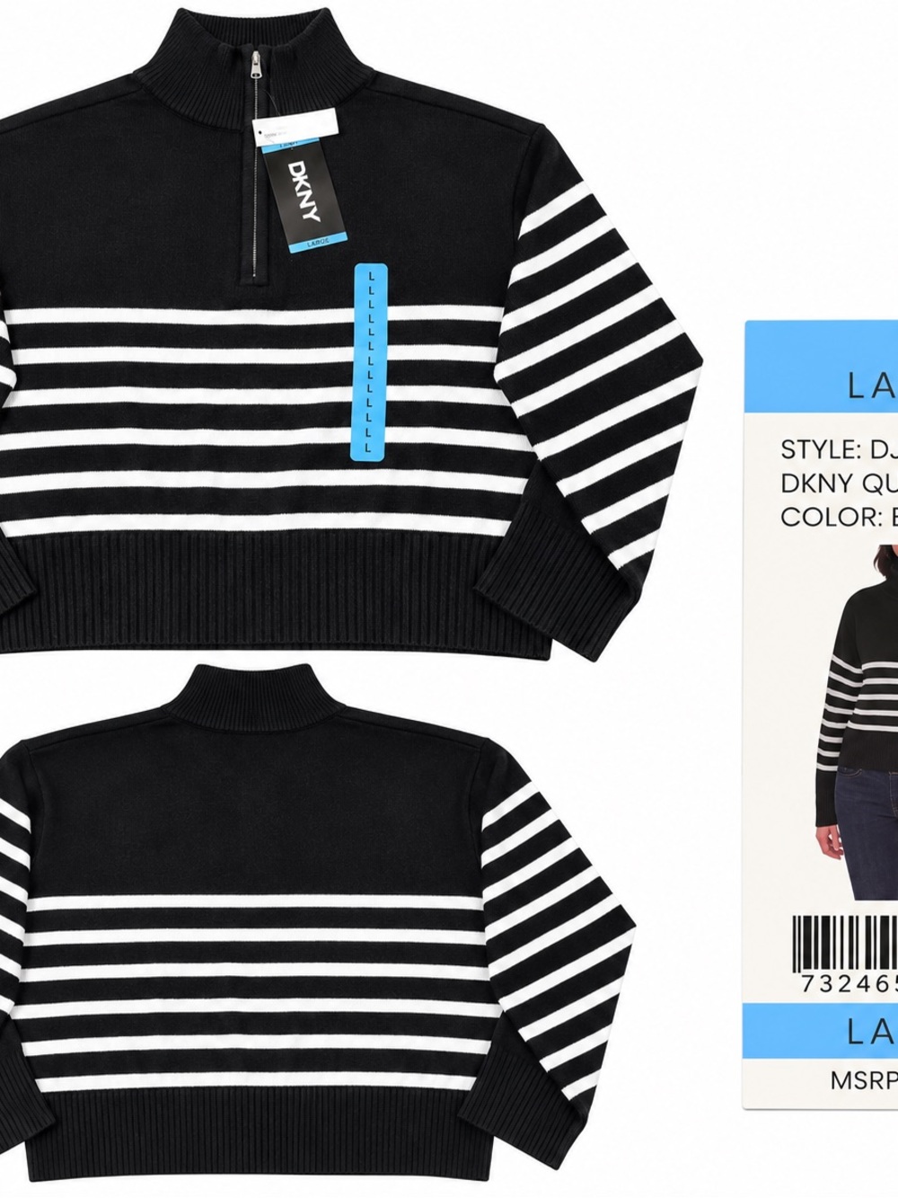 DKNY Black & White Striped Half-Zip Sweater